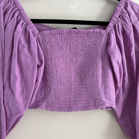American Eagle Women S Purple Linen Blend Puff Sleeves Button Front Crop Top - Picture 10 of 10